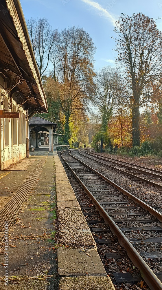 Obraz premium Serene Vintage Railway Station with Tracks in Autumn Light