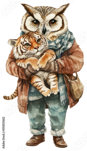 PNG An owl hug a tiger art illustration watercolor.