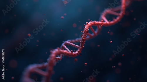 Abstract red structure of DNA molecule on dark blue background. DNA double helix structure, human genome. Science and biotechnology. Medical research, genetic concept