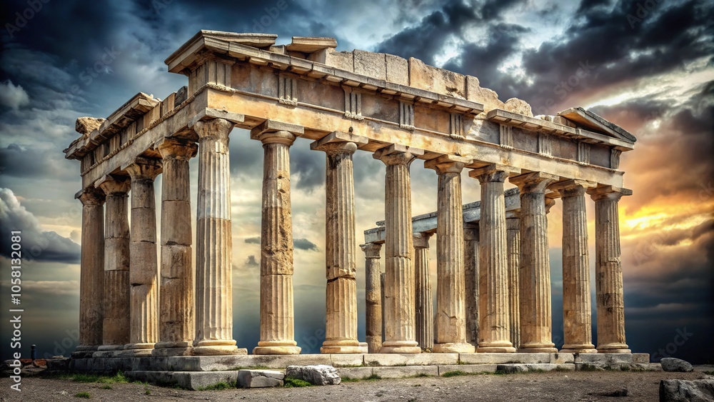 Obraz premium Ancient Greek temple ruins with crumbling columns on a silver background, decay, marble, forgotten, architecture