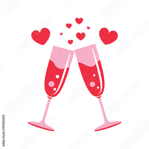 Romantic Champagne Glasses Vector Elegant Toasting Glasses with Hearts for Weddings, Anniversaries, and Celebrations