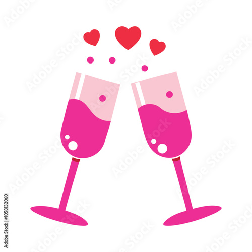 Romantic Champagne Glasses Vector Elegant Toasting Glasses with Hearts for Weddings, Anniversaries, and Celebrations