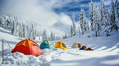 Tranquil Snow Covered Campsite in Winter Wonderland