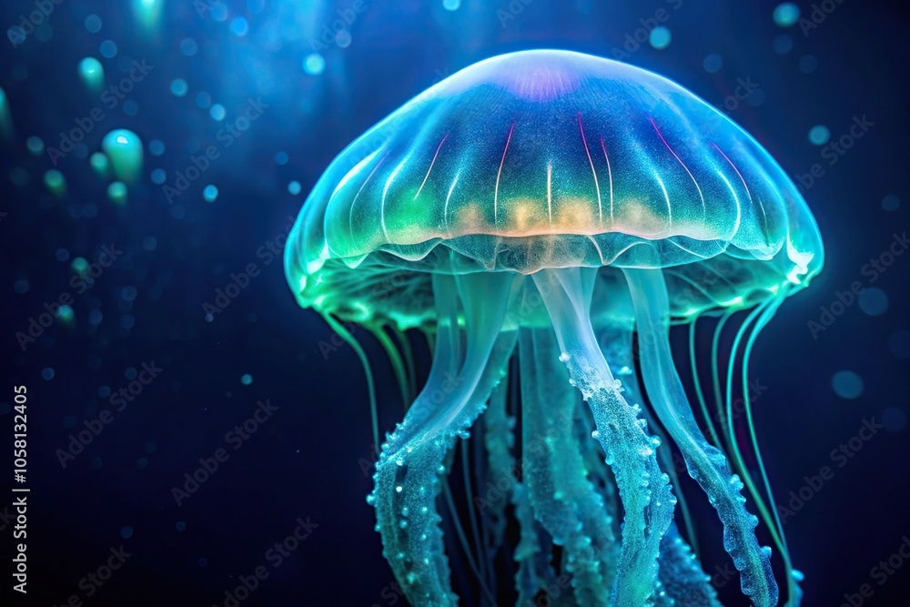 Close-up of a blue and green jellyfish in a dark blue background, bioluminescent effect, dark blue color palette, ocean creature, glow in the dark Close-up of a blue and green jellyfish in a dark blue background, bioluminescent effect, dark blue color palette, ocean creature, glow in the dark
