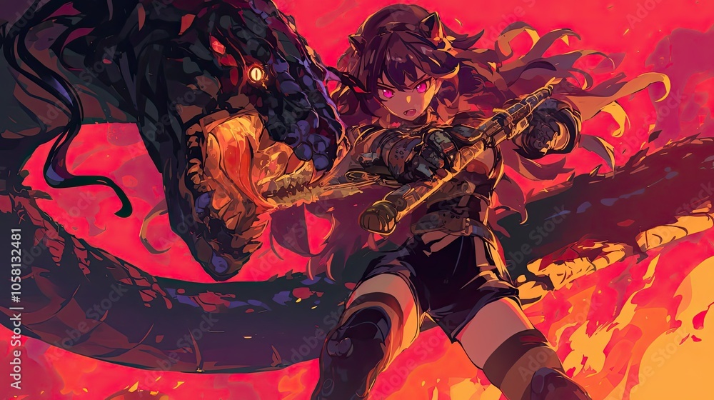 A Crimson-Haired Anime Girl Fights A Black Dragon A Crimson-Haired Anime Girl Fights A Black Dragon
