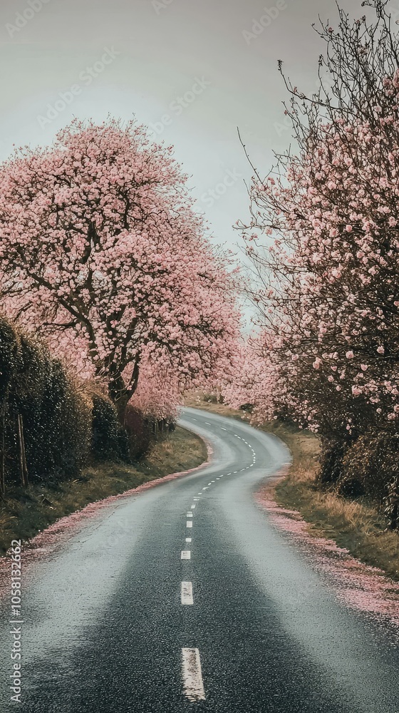 Fototapeta premium Tranquil Road Lined with Cherry Blossom Trees