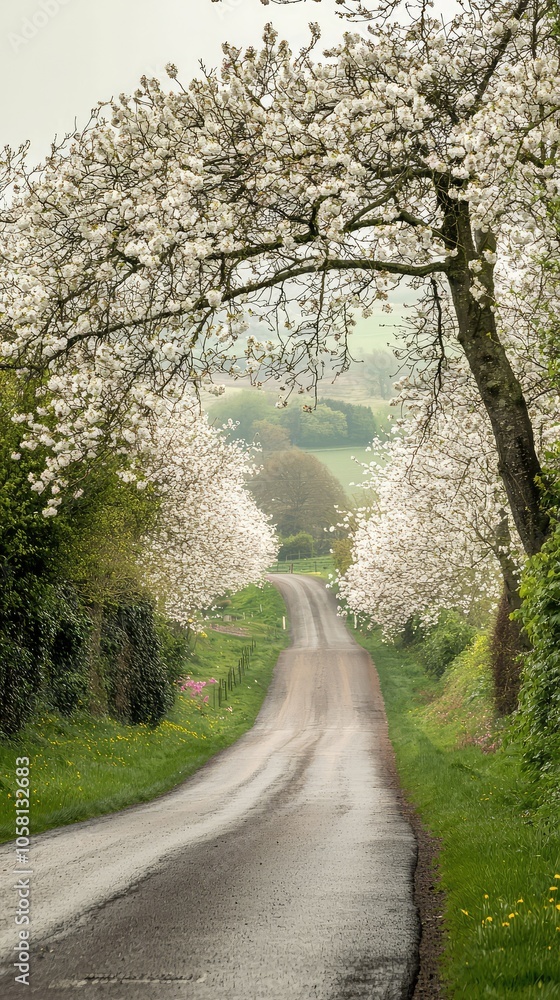 Fototapeta premium Tranquil Country Road Lined with Cherry Trees
