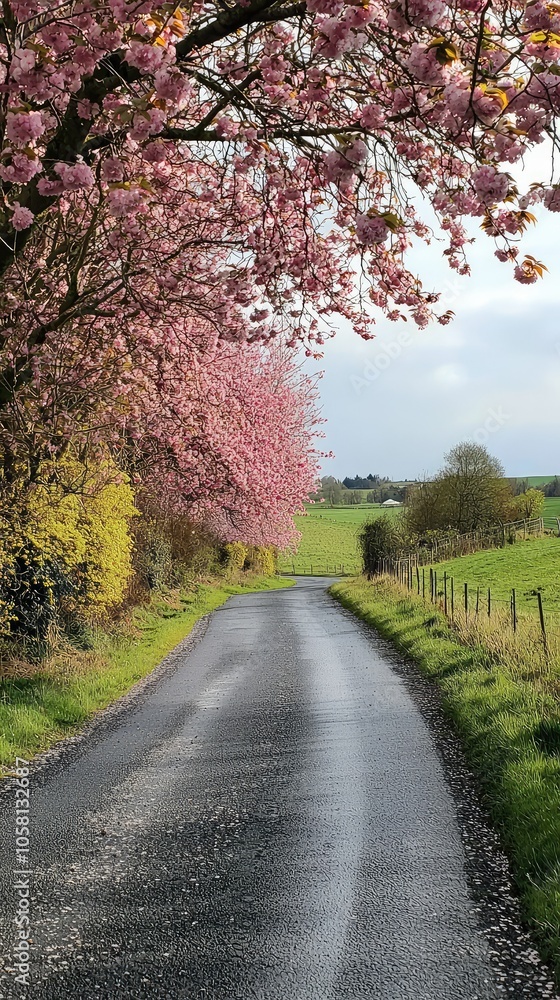 Serene Country Road with Beautiful Cherry Blossoms Serene Country Road with Beautiful Cherry Blossoms