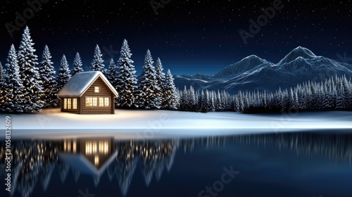 A serene blend of nature unfolds as blue hour casts reflections of a wooden house and tall pine trees on a snow-laden landscape photo