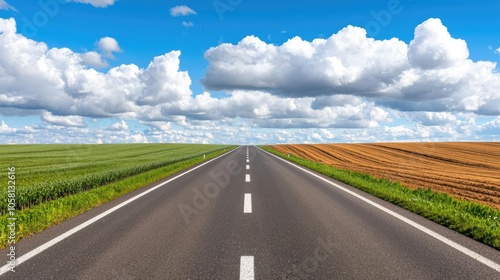 Scenic view of a straight road dividing green and brown fields under a blue sky.