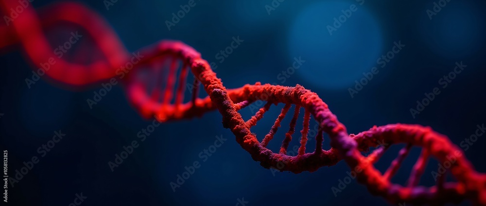 Abstract red structure of DNA molecule on dark blue background. DNA double helix structure, human genome. Science and biotechnology. Medical research, genetic concept Abstract red structure of DNA molecule on dark blue background. DNA double helix structure, human genome. Science and biotechnology. Medical research, genetic concept
