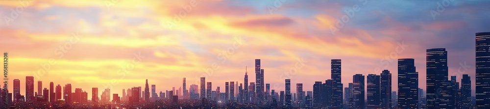 Fototapeta premium City skyline at sunset with illuminated road and moving cars, vibrant colors.