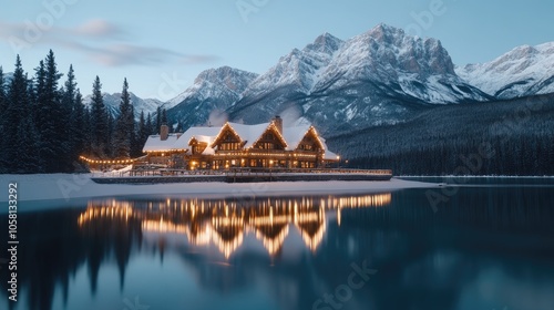 A serene blend of nature unfolds as blue hour casts reflections of a wooden house and tall pine trees on a snow-laden landscape photo