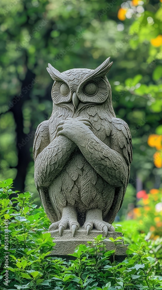 Serene Owl Statue in Tranquil Park Setting Serene Owl Statue in Tranquil Park Setting