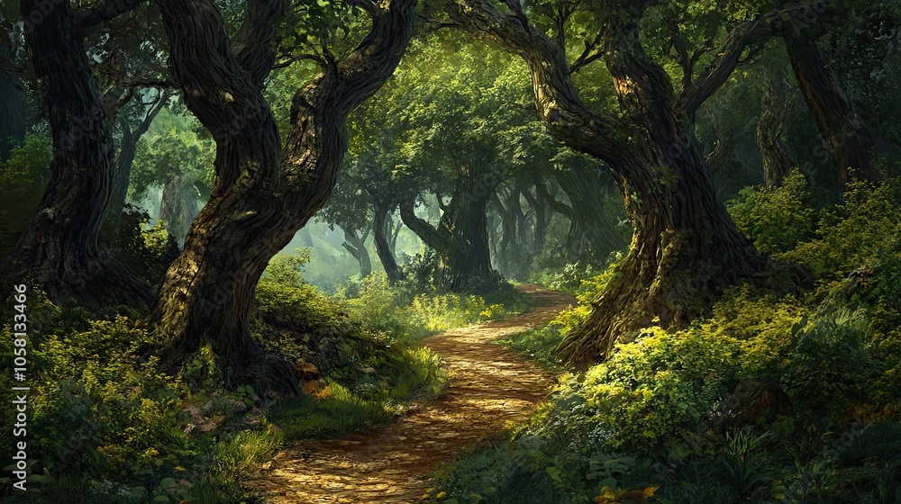 Naklejka premium A Sunlit Path Winding Through a Lush, Dense Forest