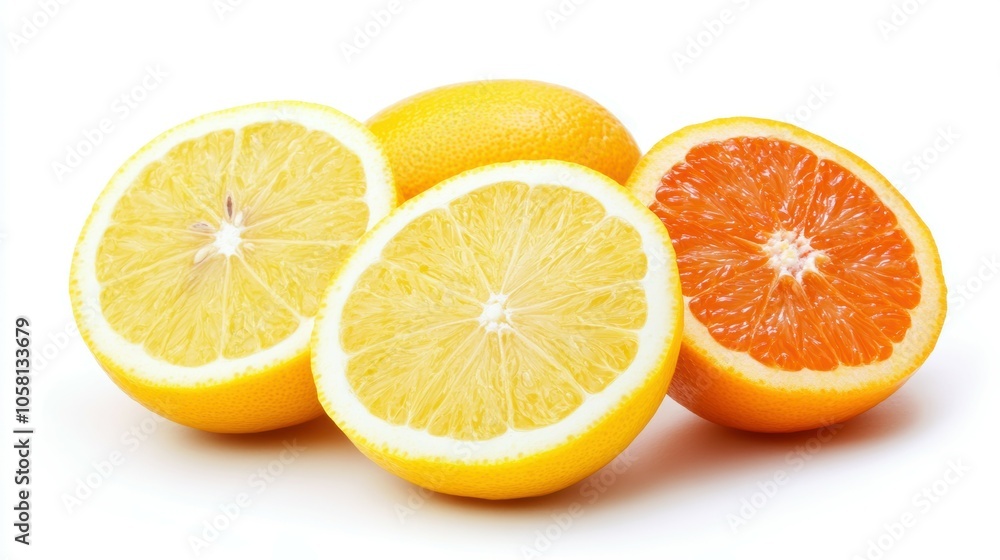 Freshly sliced citrus fruits on a white background - a vibrant display of flavor and color Freshly sliced citrus fruits on a white background - a vibrant display of flavor and color