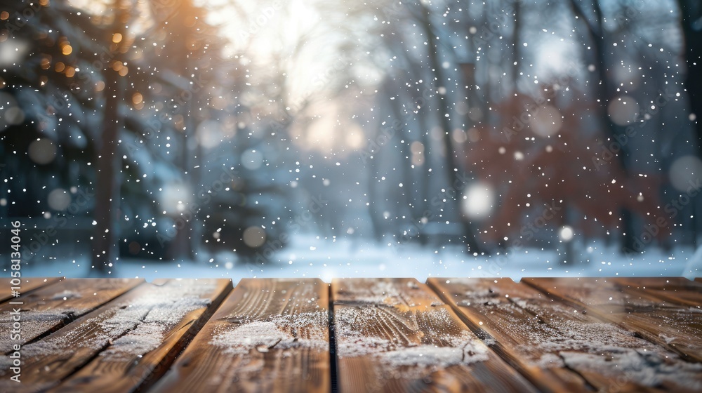 Blurry winter backdrop behind wooden table Blurry winter backdrop behind wooden table