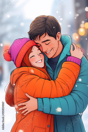 Portrait of Couple hugging on the street anime cartoon,  Christmas atmosphere photo