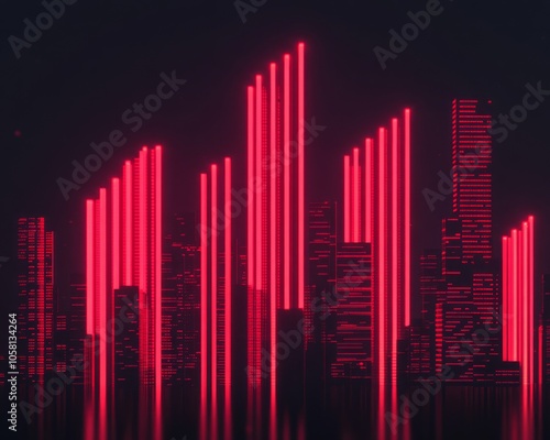 Red neon cityscape with tall buildings and glowing lines reflecting on a dark surface.