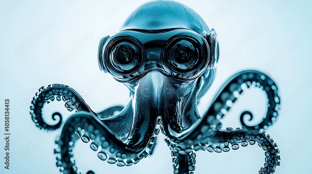 A surreal octopus wearing goggles stands out against a mesmerizing blue background. This artistic representation highlights the uniqueness of marine life, combining whimsy with elegance. A surreal octopus wearing goggles stands out against a mesmerizing blue background. This artistic representation highlights the uniqueness of marine life, combining whimsy with elegance.