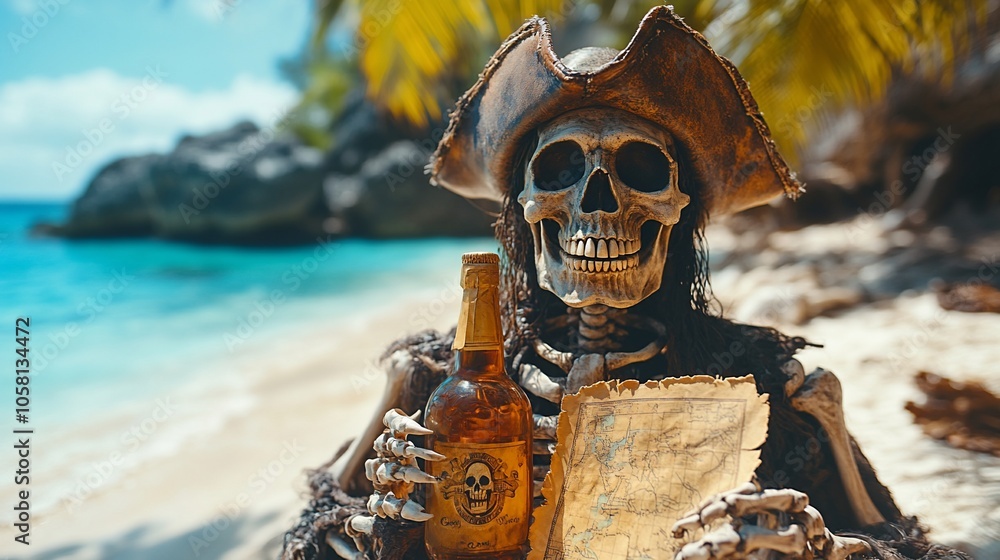 Fototapeta premium A pirate skeleton on a tropical beach holding a bottle of rum and a treasure map.