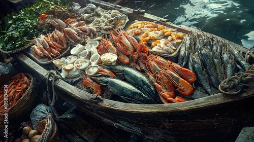 Artistic Seafood Display on Rustic Boat