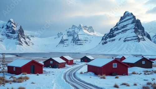  Snowy serenity  A winter wonderland with red cabins and majestic mountains photo