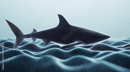 A stunning 3D representation of a shark swimming through digital waves, showcasing a blend of technology and marine beauty in a tranquil oceanic setting. photo