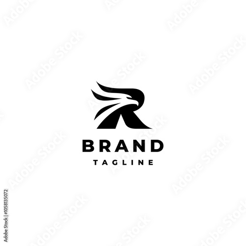 Eagle Head Silhouette Inside R Letter Logo Design. Initial R Letter With Eagle Head Silhouette Logo Design.