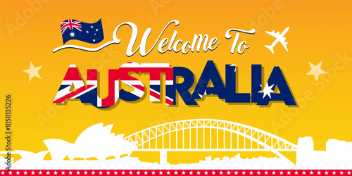 Australia skyline landmark and words welcome to Australia vector for Flat trendy illustration, Travel to Australia, Advertising web illustration, Summer vacation and Travelling banner.