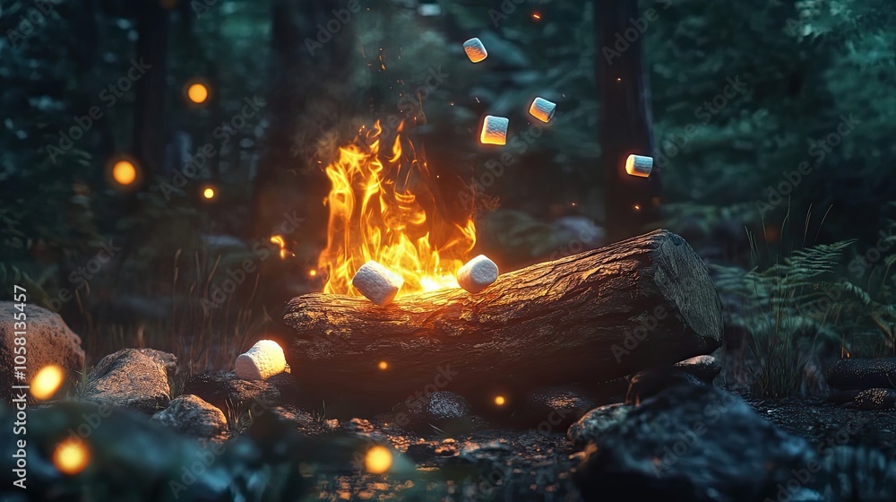 Campfire with Floating Marshmallows in the Forest at Night Campfire with Floating Marshmallows in the Forest at Night