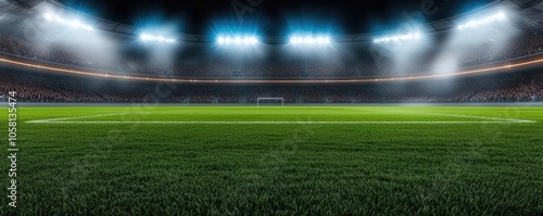 Illuminated football stadium with green grass and bright floodlights at night.