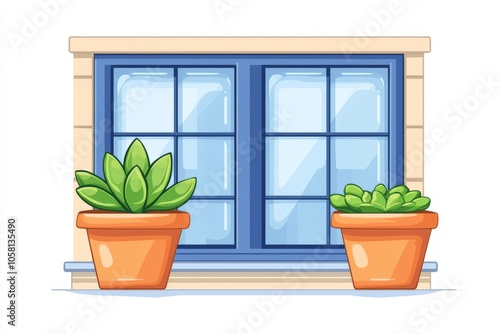 Illustrated blue window with green potted plants on snowy background capturing cozy indoor charm ideal for seasonal visuals holiday decor or cozy winter designs