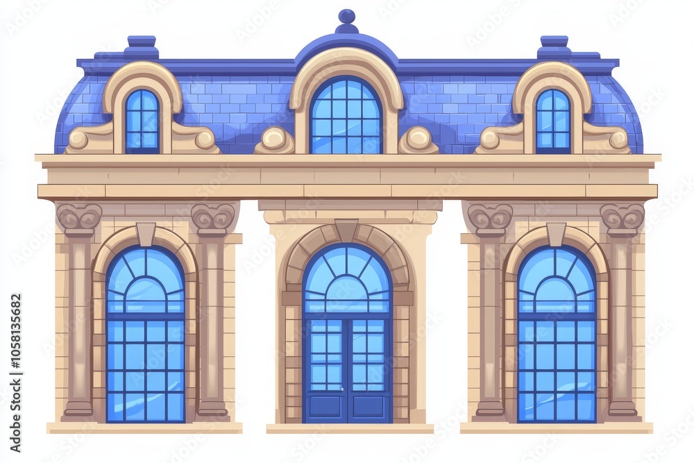 Obraz premium Elegant European style building illustration with blue roof ideal for seasonal visuals architectural designs or holiday themed decor