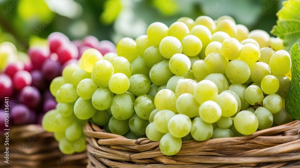 Freshly harvested green and red grapes in woven baskets displayed outdoors in a sunny vineyard setting Freshly harvested green and red grapes in woven baskets displayed outdoors in a sunny vineyard setting