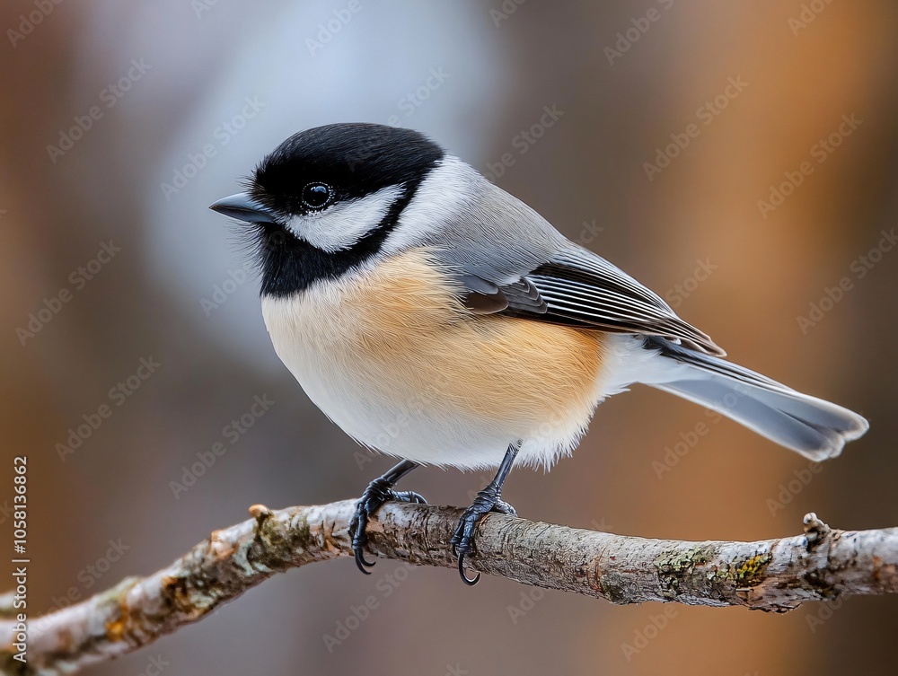 Obraz premium Black-capped Chickadee Perched on Branch with Distinctive Black Cap and Soft Natural Blur Background