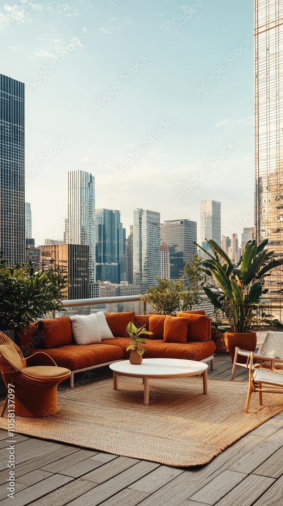 Fototapeta premium Modern Rooftop Workspace with Scenic City View