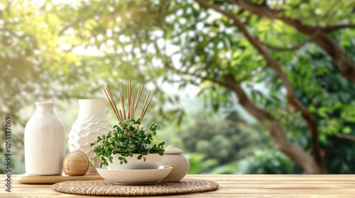 Product display or design layout on wooden table with garden background.