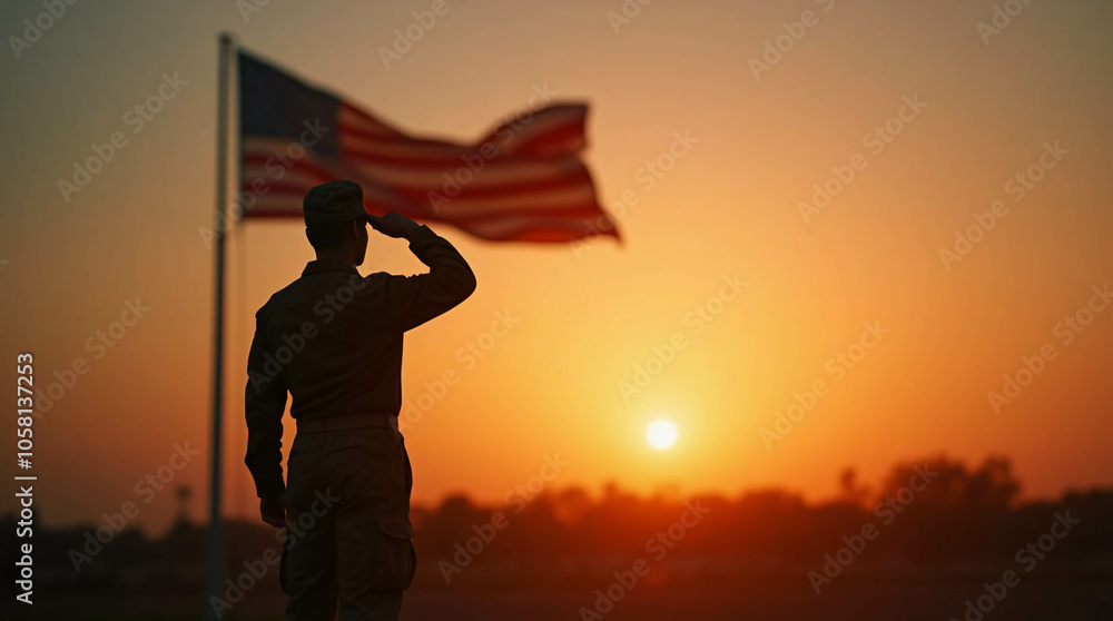 Fototapeta premium Veterans Day memory is symbolized by a silhouette of a soldier saluting at sunset with the American flag flying in the backdrop. 