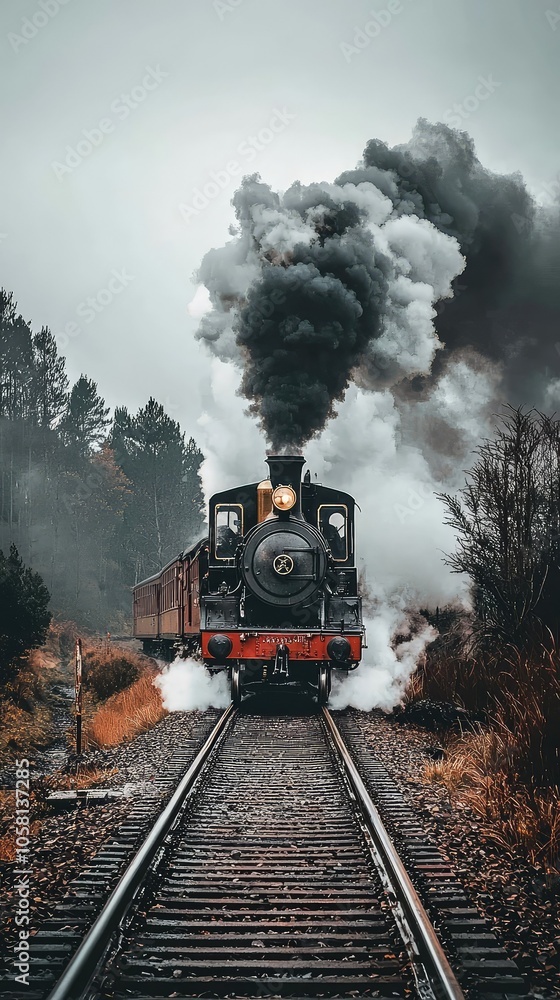 Obraz premium Vintage Steam Train Amidst Eerie Fog and Smoke