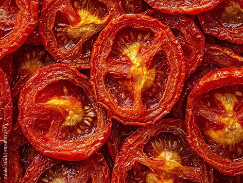 Sun Dried Tomatoes Close Up Red Juicy Dehydrated Food Background