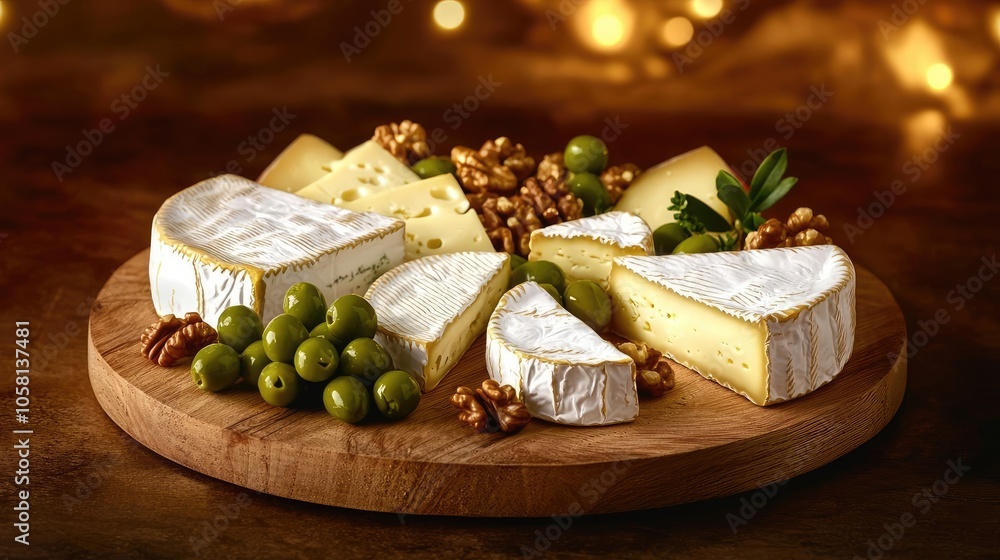 Artisan cheese platter with olives, walnuts, and creamy cheeses on a wooden board. Artisan cheese platter with olives, walnuts, and creamy cheeses on a wooden board.