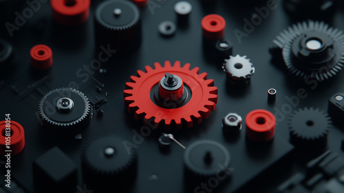 close up view of intricate mechanical gears and cogs, featuring prominent red gear among various black components, showcasing blend of technology and design.