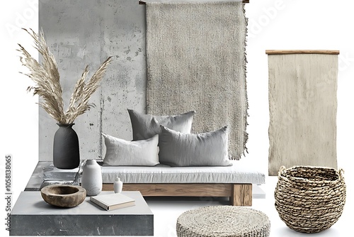 Interior design moodboard for inspiration; featuring natural materials and grey color tones.