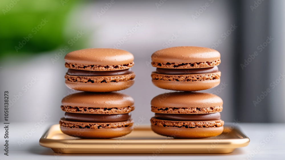 Delicious chocolate macarons stacked elegantly on golden tray, showcasing their smooth texture and rich color. Perfect for dessert lovers and special occasions. Delicious chocolate macarons stacked elegantly on golden tray, showcasing their smooth texture and rich color. Perfect for dessert lovers and special occasions.