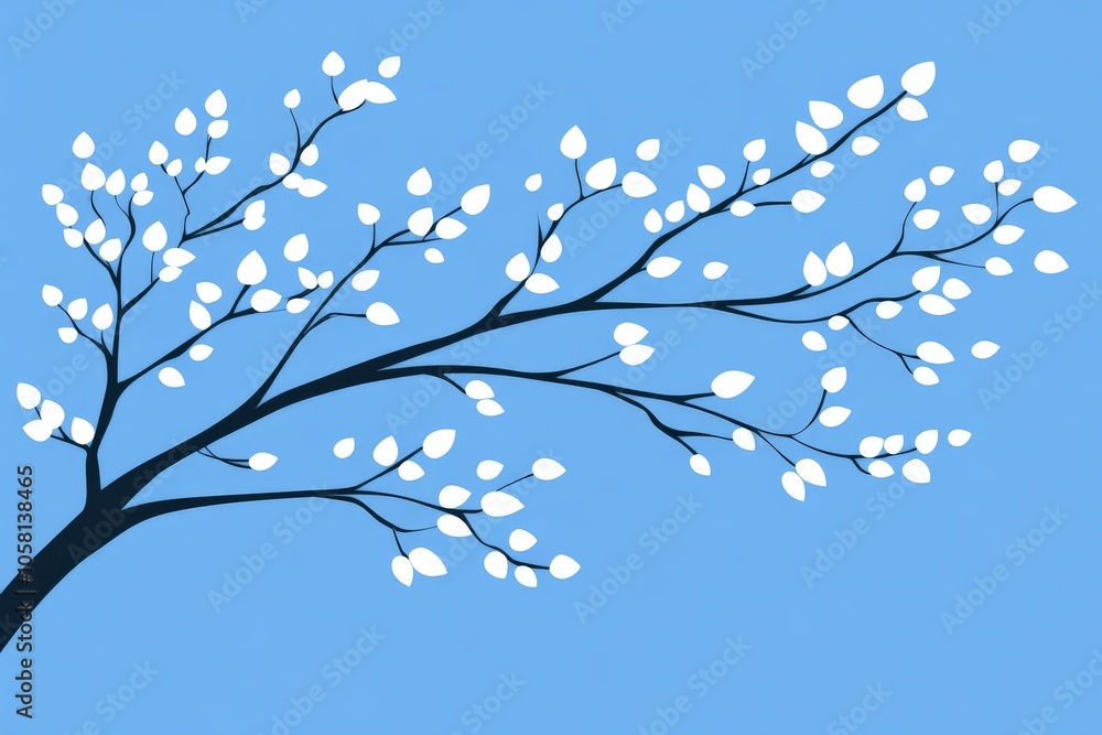 Stylized illustration of delicate white blossoms on dark branches against a solid blue background symbolizing purity and simplicity in nature Stylized illustration of delicate white blossoms on dark branches against a solid blue background symbolizing purity and simplicity in nature