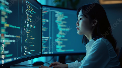 In front of an LCD screen with code projected onto it, a young Asian woman programmer demonstrates how technology and human expertise may be used in software development. 