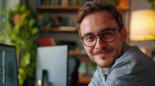 Positive Workday: A man working on his computer, looking pleased and happy, representing a successful work experience.