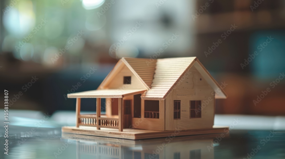 Close-up of a small house model on a table during a property consultation, highlighting home buying Close-up of a small house model on a table during a property consultation, highlighting home buying