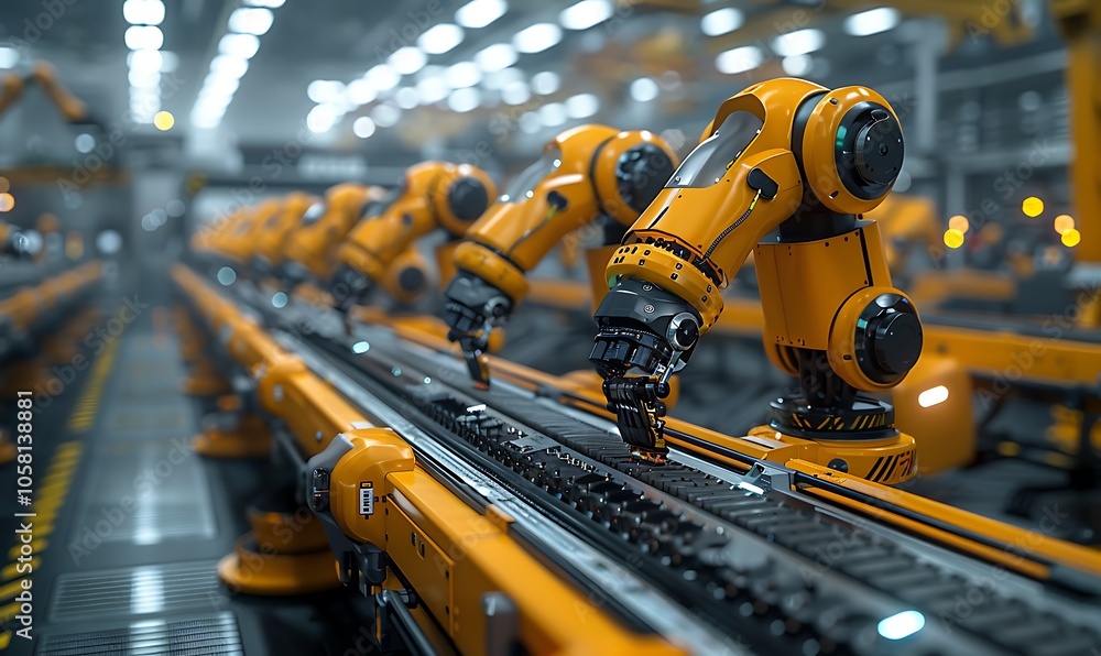 A modern industrial setting featuring orange robotic arms working on an assembly line in a well-lit factory environment. A modern industrial setting featuring orange robotic arms working on an assembly line in a well-lit factory environment.